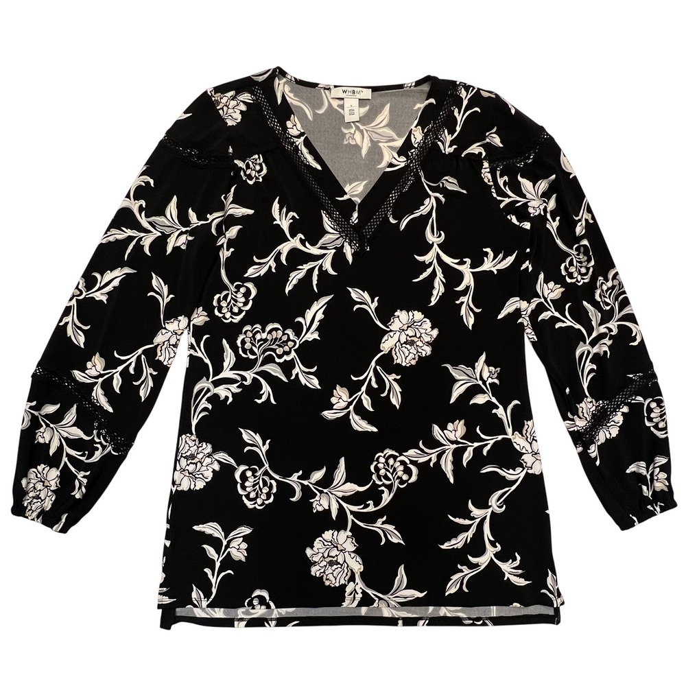 White House Black Market Modern Boho Black White Floral V Neck Top Size L